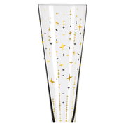 Champagnerglas mit goldenen und schwarzen Sternen, seitliche Perspektive