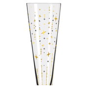 Champagnerglas mit goldenen und schwarzen Sternen, seitliche Perspektive
