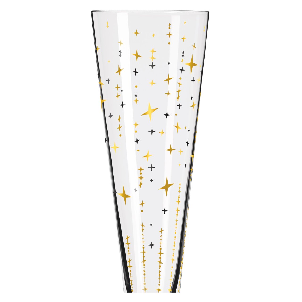 Champagnerglas mit goldenen und schwarzen Sternen, seitliche Perspektive