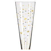 Champagnerglas mit goldenen und schwarzen Sternen, seitliche Perspektive