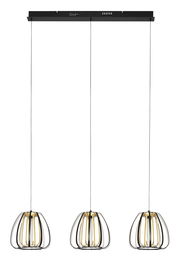 Moderne LED-Hängeleuchte mit drei schwarzen Drahtkäfig-Schirmen, frontal betrachtet.