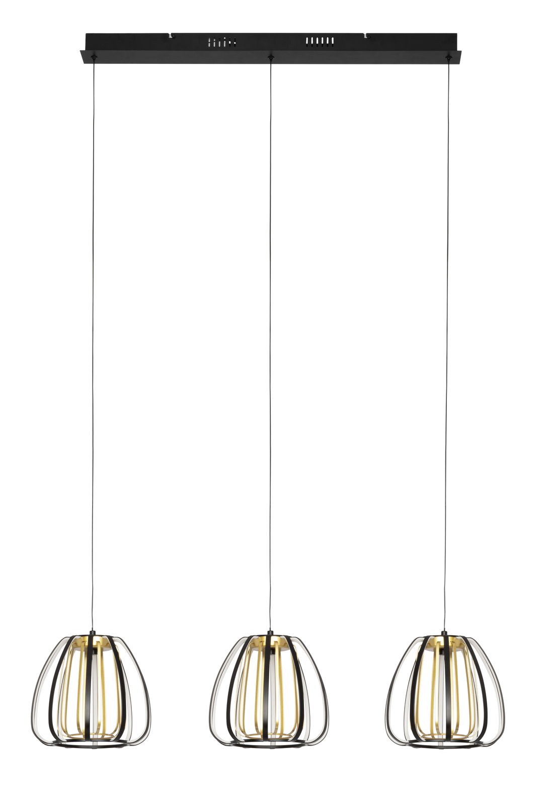 Moderne LED-Hängeleuchte mit drei schwarzen Drahtkäfig-Schirmen, frontal betrachtet.