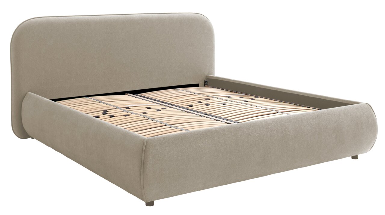 Polsterbett in Beige mit Lattenrost, seitliche Perspektive