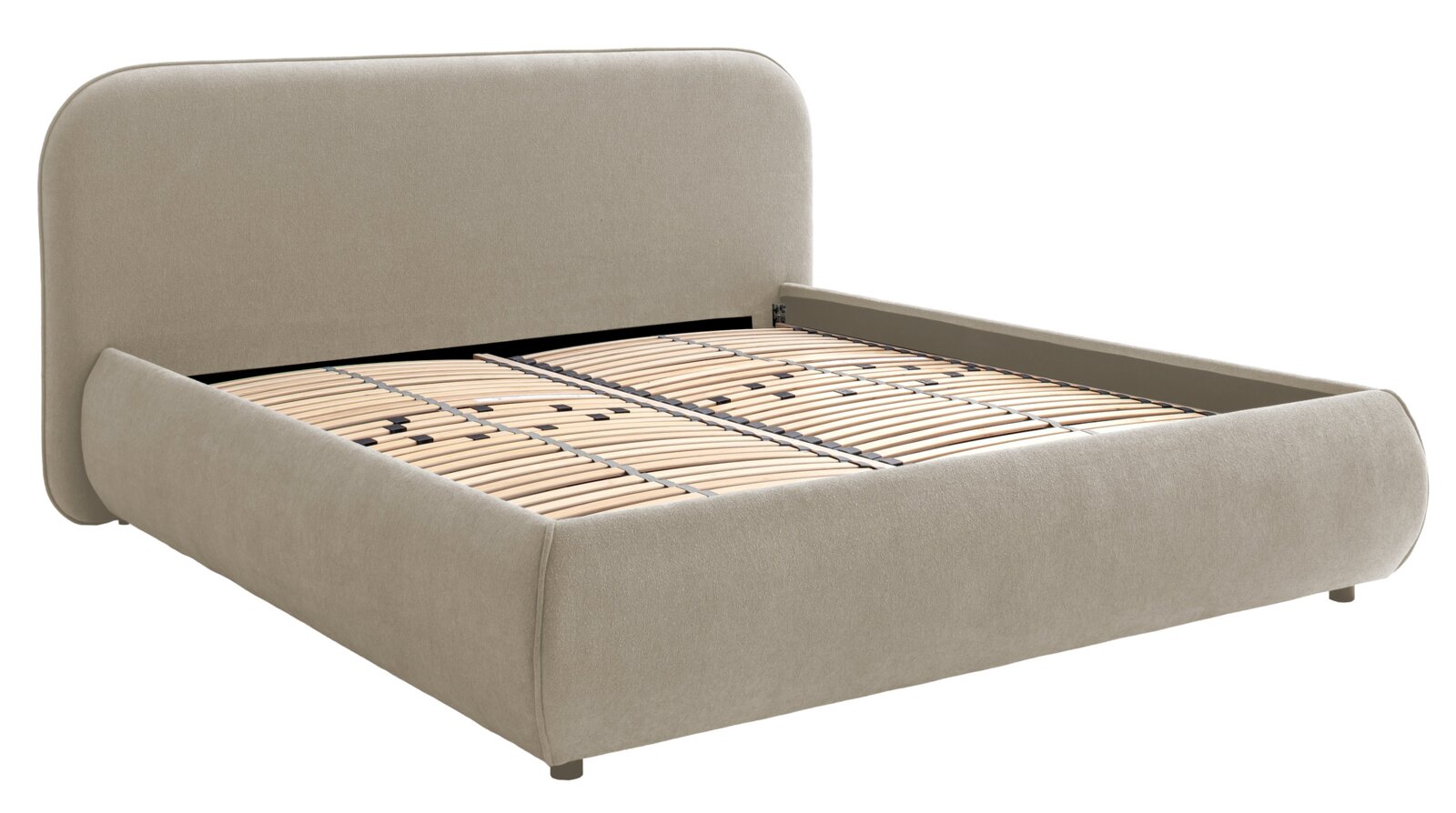 Polsterbett in Beige mit Lattenrost, seitliche Perspektive