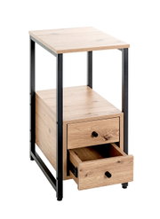 Industrie-Stil Beistelltisch/Nachttisch mit Holzoptik und schwarzem Metallgestell, zwei Schubladen (eine geöffnet), freistehend vor weißem Hintergrund, Ansicht schräg von vorn oben