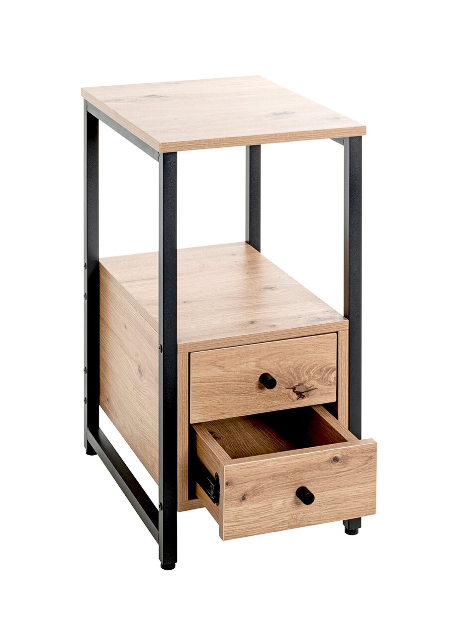 Industrie-Stil Beistelltisch/Nachttisch mit Holzoptik und schwarzem Metallgestell, zwei Schubladen (eine geöffnet), freistehend vor weißem Hintergrund, Ansicht schräg von vorn oben
