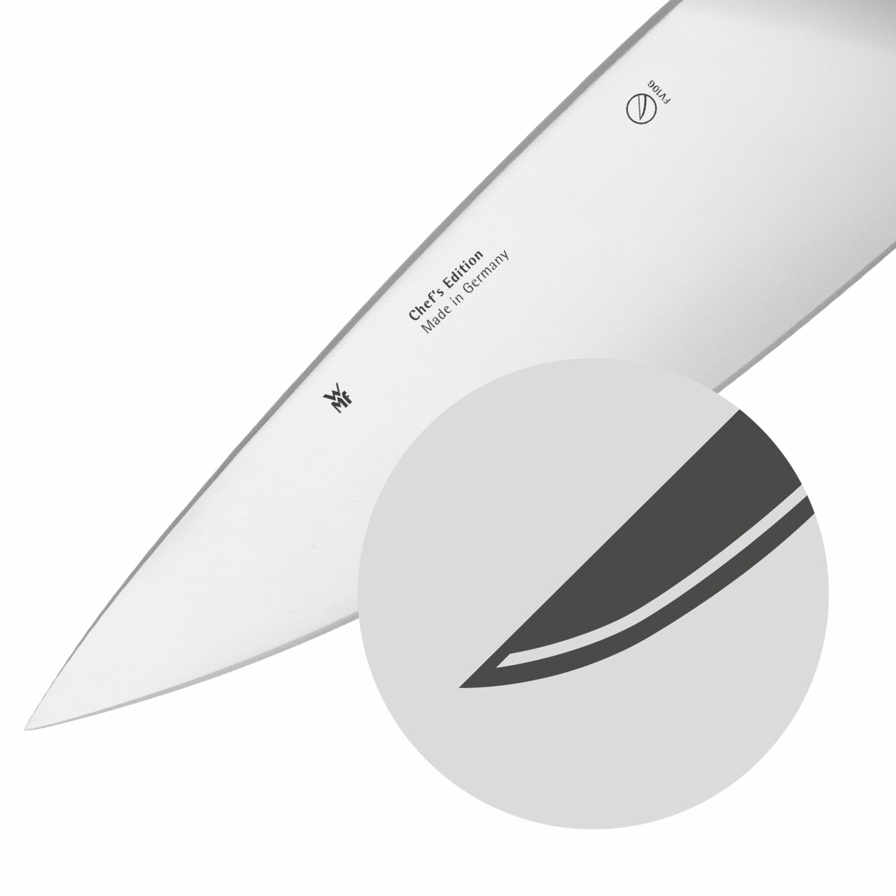 Nahaufnahme eines Küchenmessers der Chef's Edition, hergestellt in Deutschland, mit Fokus auf die Klinge.