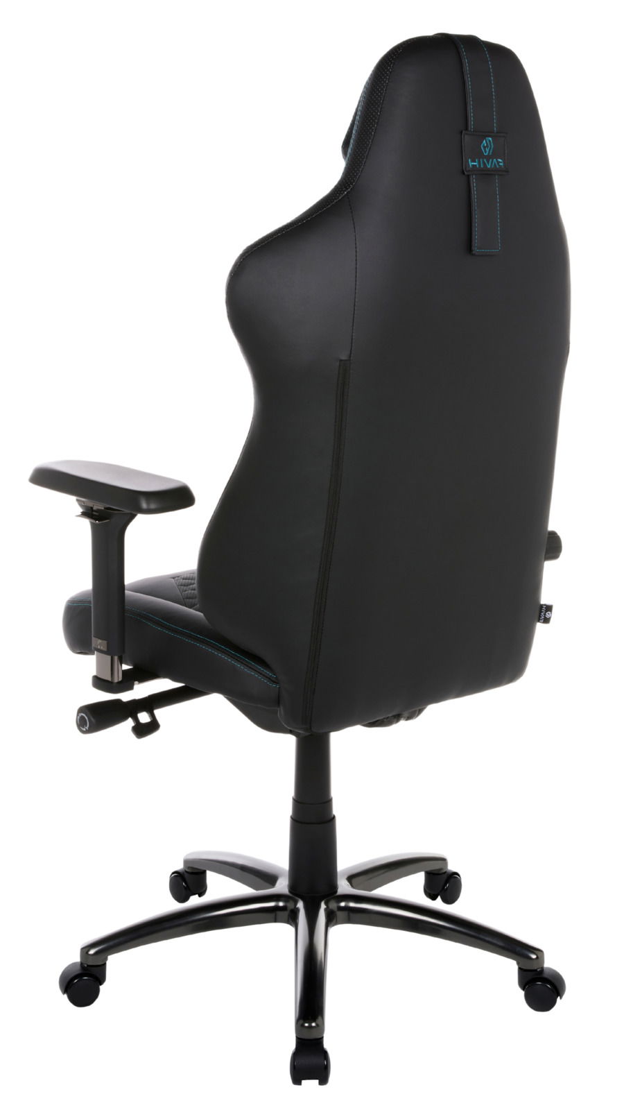 Rückansicht eines schwarzen Gaming-Stuhls mit verstellbaren Armlehnen und stabiler Basis auf Rollen.