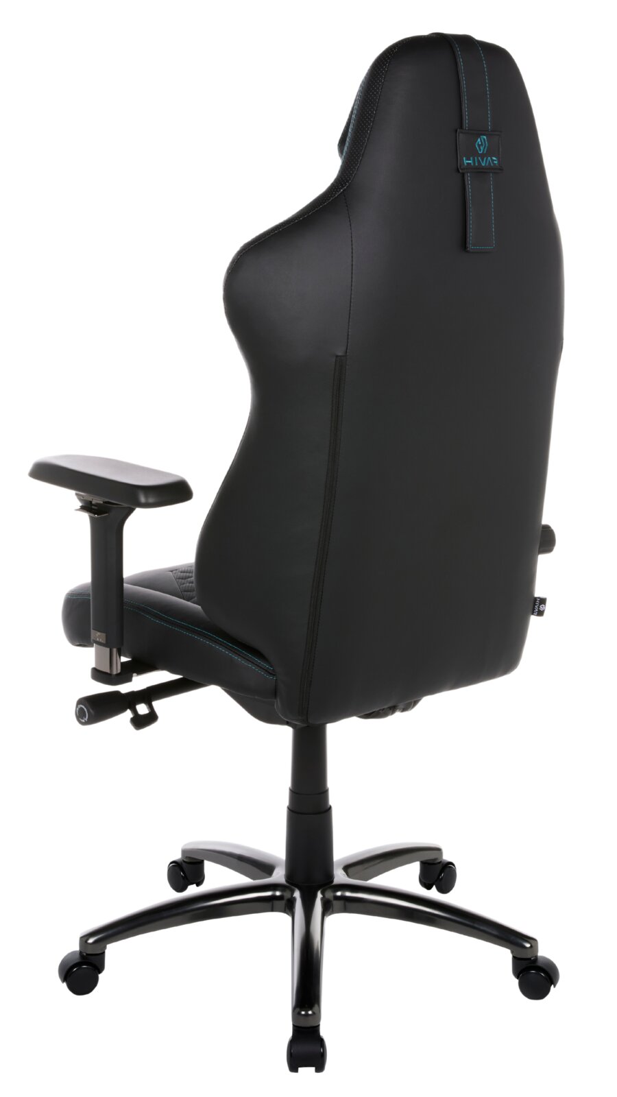 Rückansicht eines schwarzen Gaming-Stuhls mit verstellbaren Armlehnen und stabiler Basis auf Rollen.