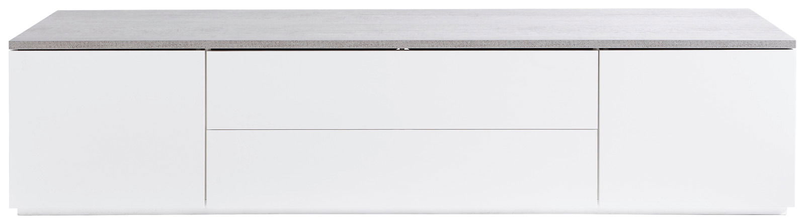 Modernes TV-Lowboard in Weiß mit grauer Oberseite, frontale Ansicht