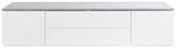 Modernes TV-Lowboard in Weiß mit grauer Oberseite, frontale Ansicht