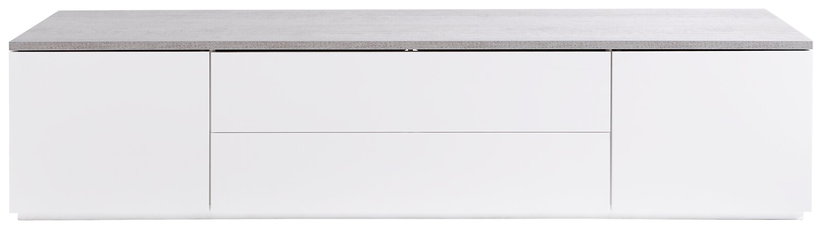 Modernes TV-Lowboard in Weiß mit grauer Oberseite, frontale Ansicht