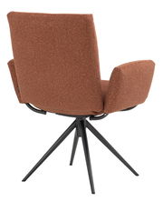 Rückansicht eines braunen Armlehnstuhls mit schwarzem Metallgestell und vier Beinen