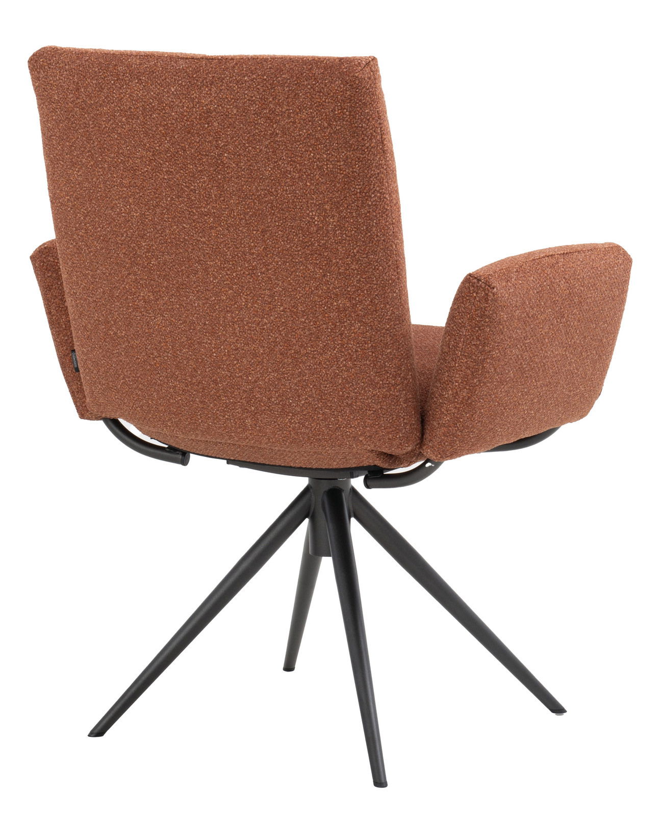 Rückansicht eines braunen Armlehnstuhls mit schwarzem Metallgestell und vier Beinen