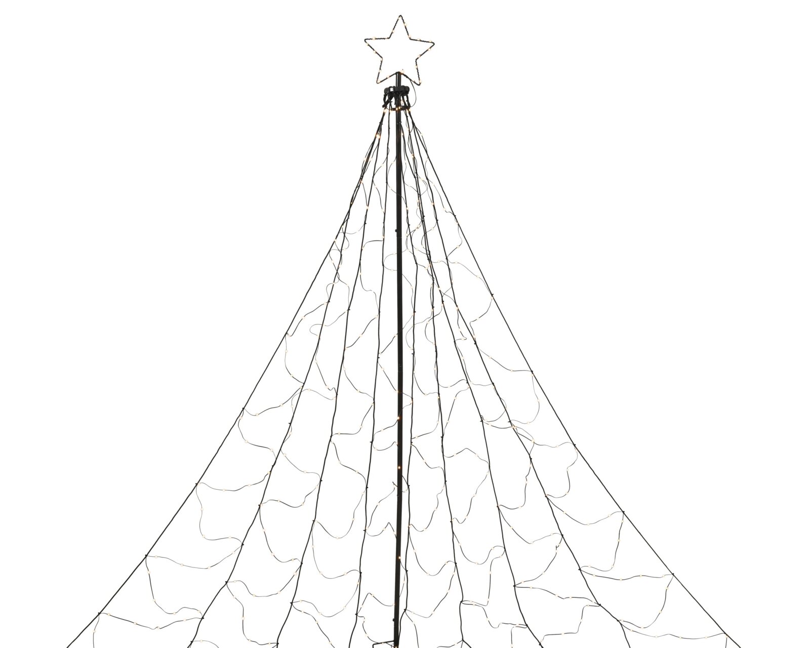 Leuchtender, kegelförmiger Weihnachtsbaum aus schwarzem Drahtgestell mit warmweißen Lichterketten und Sternspitze, frontal vor weißem Hintergrund dargestellt
