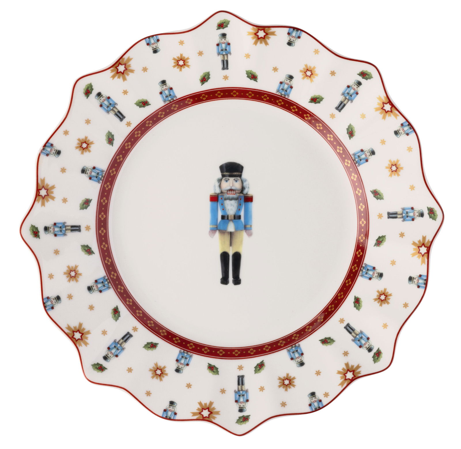 Porzellanteller mit Nussknacker-Motiv und weihnachtlichen Verzierungen, Draufsicht