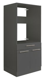Grauer Geräteschrank mit zwei Schubladen und zwei Türen, seitliche Perspektive
