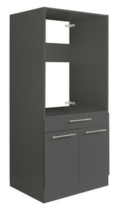 Grauer Geräteschrank mit zwei Schubladen und zwei Türen, seitliche Perspektive