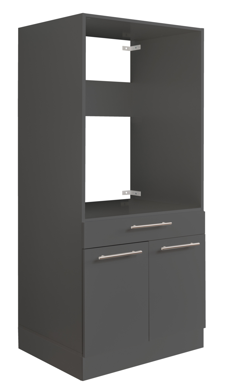 Grauer Geräteschrank mit zwei Schubladen und zwei Türen, seitliche Perspektive