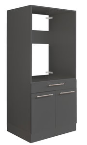 Grauer Geräteschrank mit zwei Schubladen und zwei Türen, seitliche Perspektive