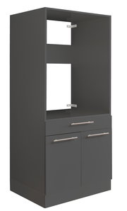 Grauer Geräteschrank mit zwei Schubladen und zwei Türen, seitliche Perspektive