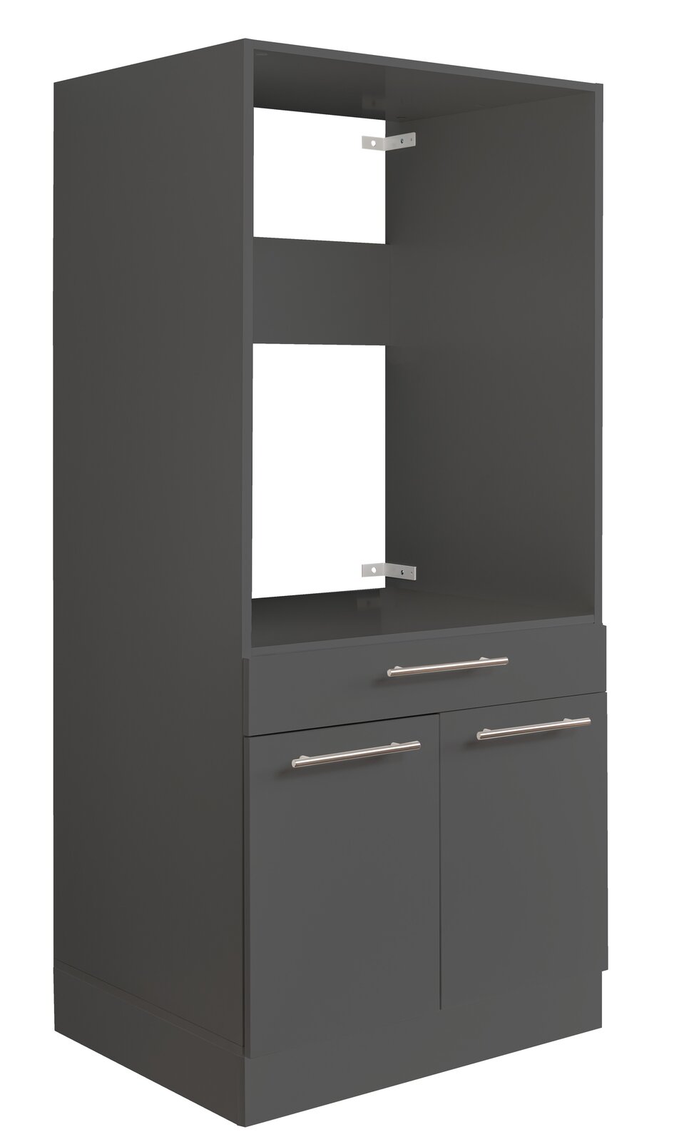 Grauer Geräteschrank mit zwei Schubladen und zwei Türen, seitliche Perspektive