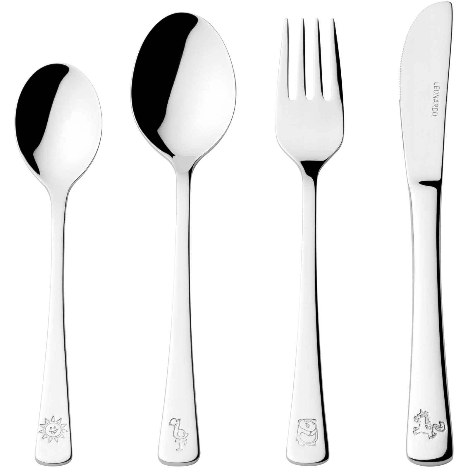 Kinderbesteck 4-teilig, bestehend aus Löffel, Gabel, Messer und Teelöffel mit Tiermotiven, Vorderansicht