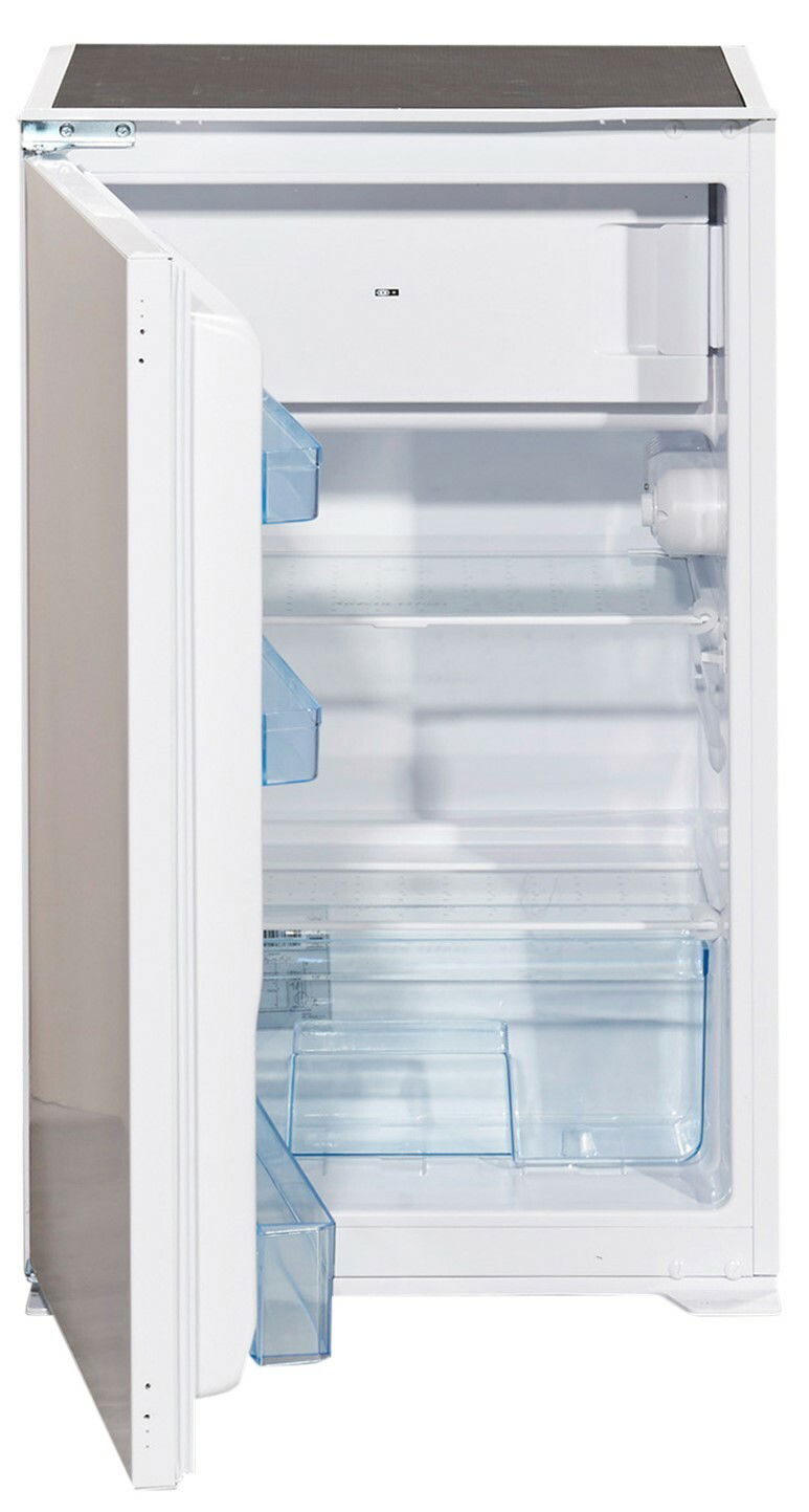 Offener Kühlschrank mit Gefrierfach, Ansicht von vorne links