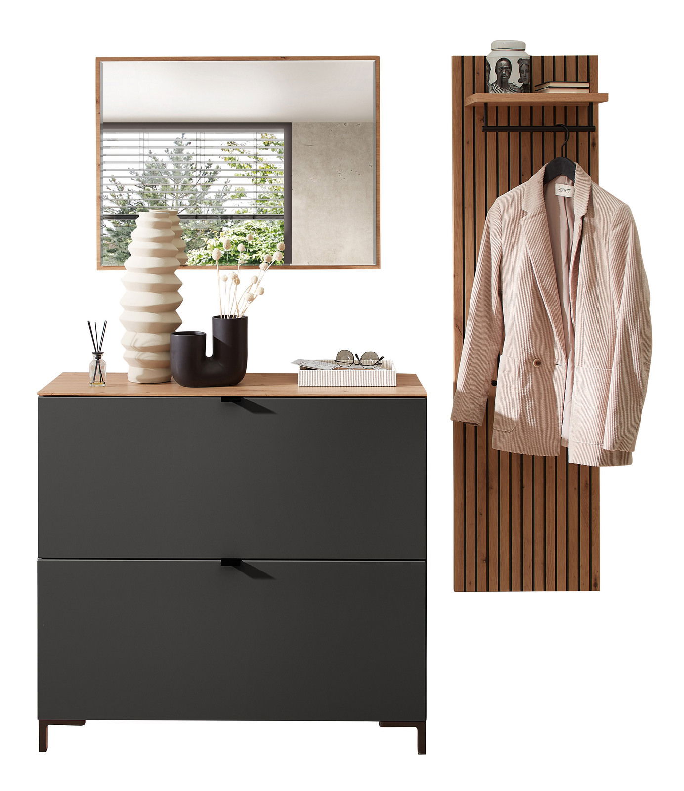 Voleo Garderoben-Set DIANA Garderoben-Set in Graphit mit modernem Design, bestehend aus einem Spiegel, einer Kommode und einer Garderobenleiste mit Haken. Perspektive: Frontalansicht.