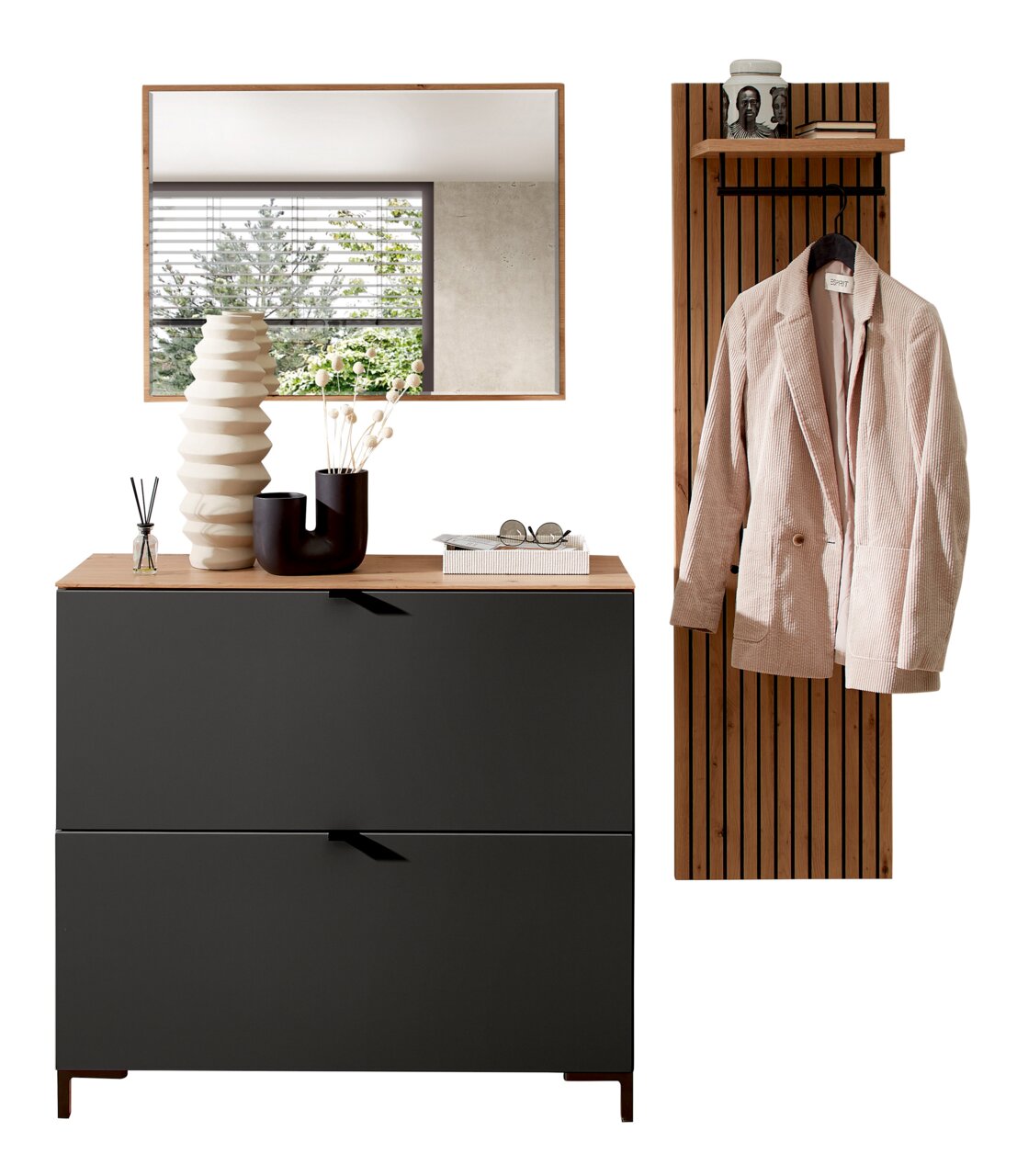 Garderoben-Set in Graphit mit modernem Design, bestehend aus einem Spiegel, einer Kommode und einer Garderobenleiste mit Haken. Perspektive: Frontalansicht.
