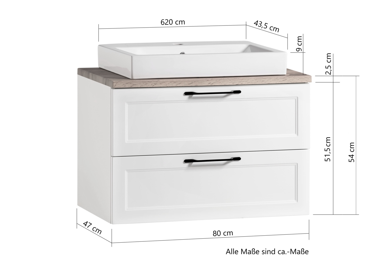 Frontansicht eines modernen Waschtisch-Sets mit weißem Waschbecken und zwei Schubladen, Maße: 80 cm Breite, 47 cm Tiefe, 54 cm Höhe.