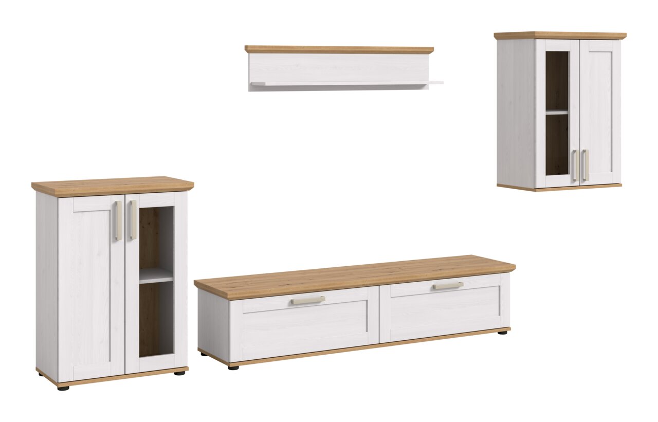 Wohnkombination in Weiß mit Holzoberflächen, bestehend aus einem niedrigen TV-Schrank, einem hohen Schrank und einem Hängeschrank, aus frontaler Perspektive.