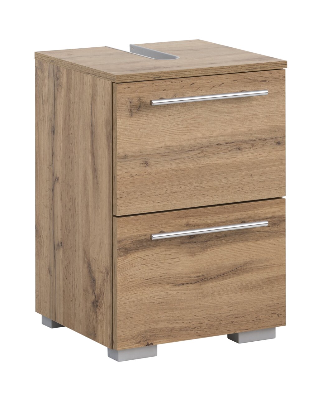 Waschbeckenunterschrank aus Holz mit zwei Schubladen, seitliche Perspektive