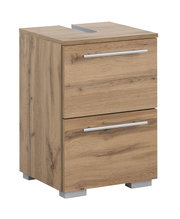 Waschbeckenunterschrank aus Holz mit zwei Schubladen, seitliche Perspektive