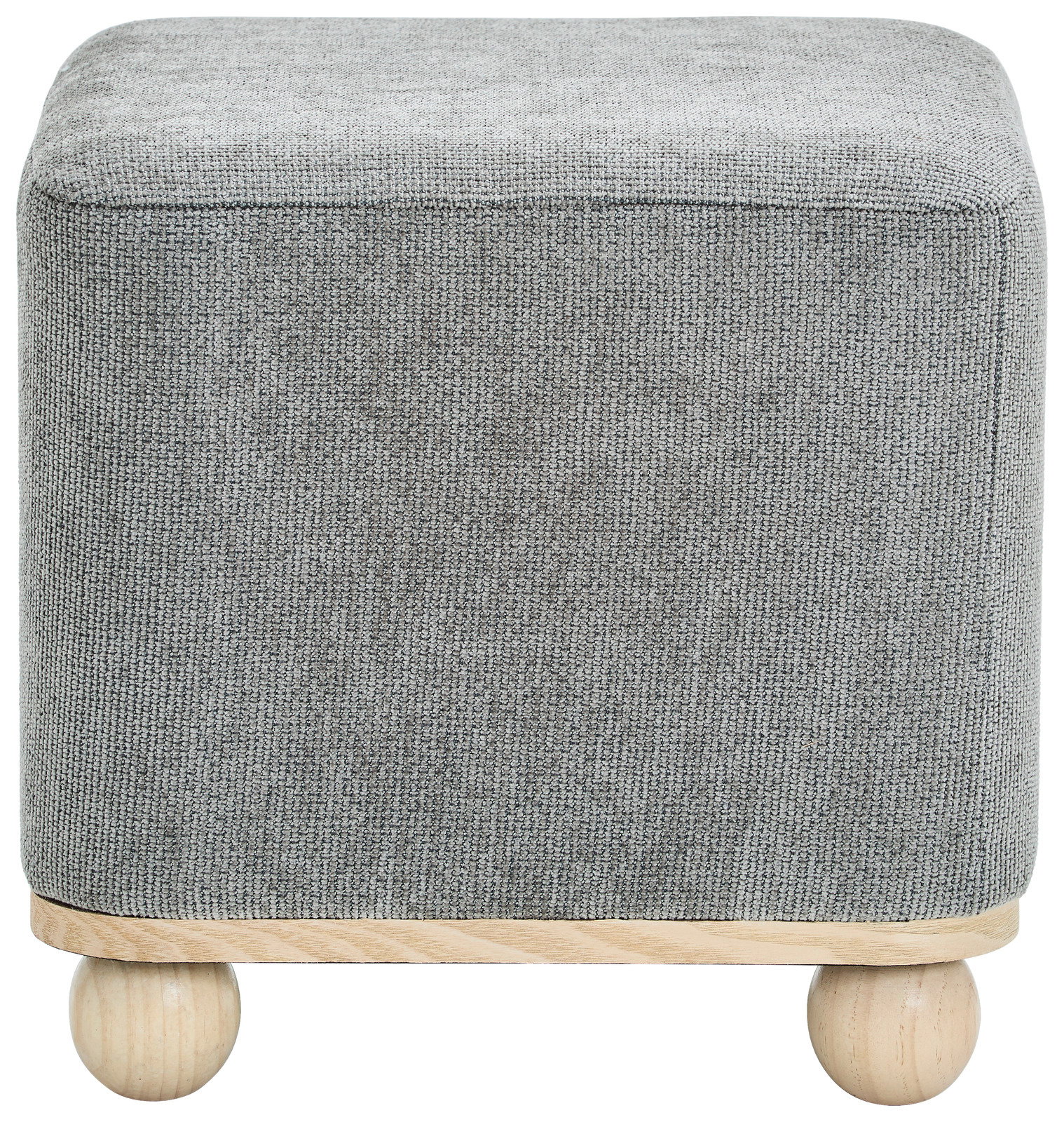 Grauer Hocker mit quadratischer Form, Holzfüßen und seitlicher Perspektive