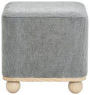Grauer Hocker mit quadratischer Form, Holzfüßen und seitlicher Perspektive