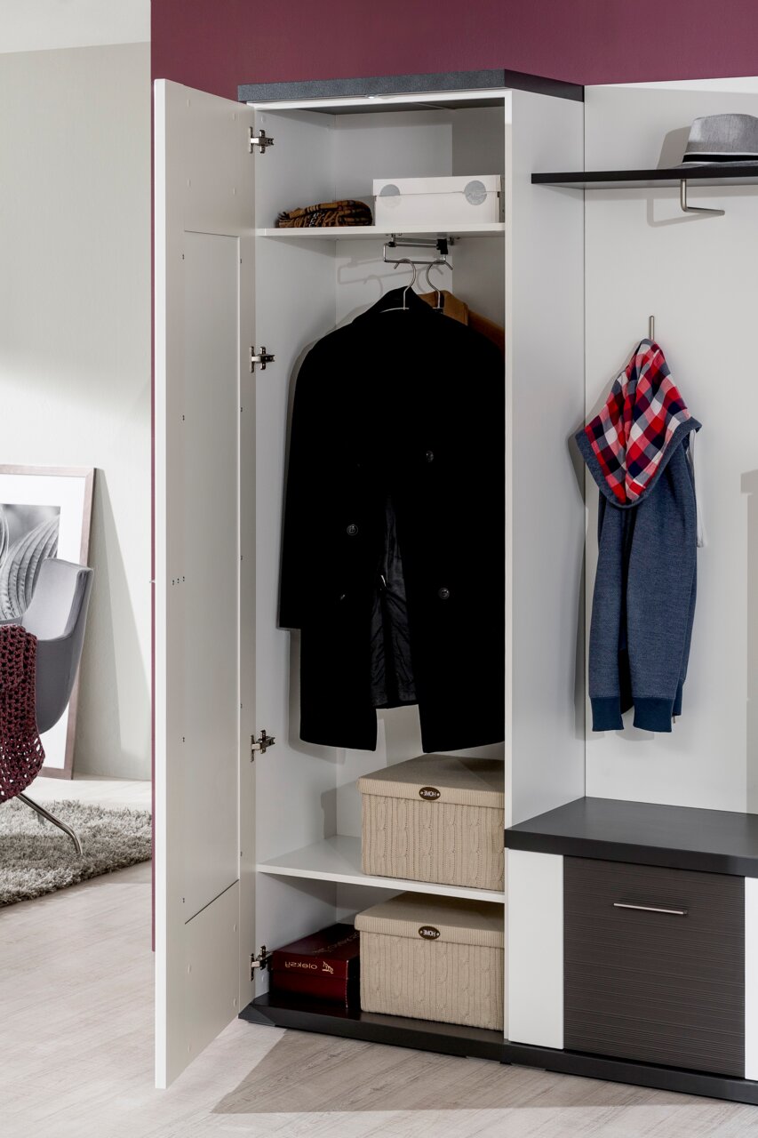 XORA Garderobenschrank MANHATTAN Offener Garderobenschrank mit hängendem Mantel, Hutablage und Aufbewahrungsboxen, seitliche Perspektive