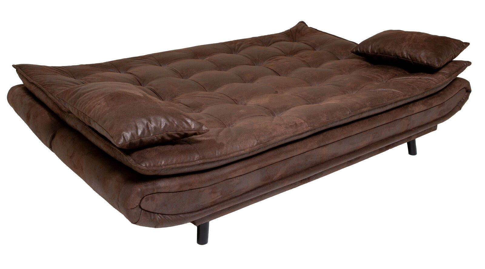 Braunes Funktionssofa in Liegeposition mit zwei Kissen, seitliche Perspektive