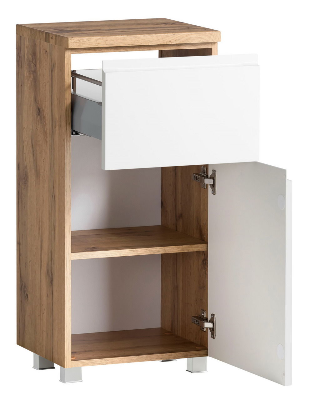 Unterschrank aus Holz mit einer offenen Schublade und einer geöffneten Tür, frontal betrachtet.