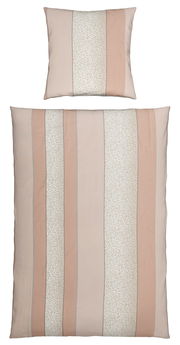 Bettwäsche-Set mit Kissenbezug und Deckenbezug in beige und cremefarbenen Streifen mit Leopardenmuster, aus der Vogelperspektive.