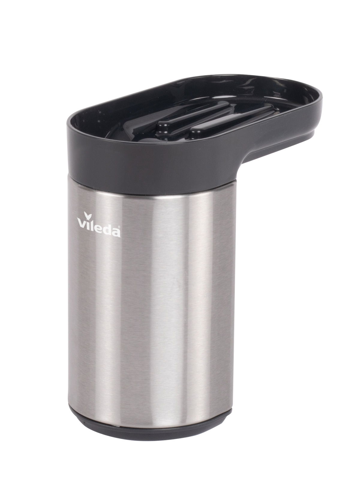 Moderner Spülbeckenorganizer aus Edelstahl mit schwarzem Kunststoffdeckel, seitliche Perspektive