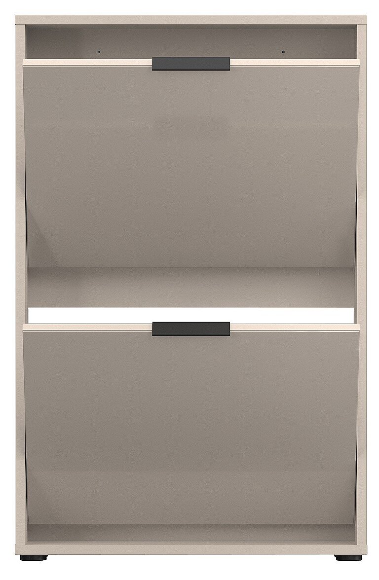 Moderner Schuhschrank in Hellgrau mit zwei Klappfächern und schwarzen Griffleisten, Frontalansicht