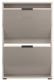 Moderner Schuhschrank in Hellgrau mit zwei Klappfächern und schwarzen Griffleisten, Frontalansicht