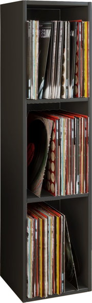Schwarzes, schmales Regal zur Aufbewahrung von Vinyl-Schallplatten, gefüllt mit LPs in drei Fächern, frontale Ansicht mit leichter Seitenperspektive.