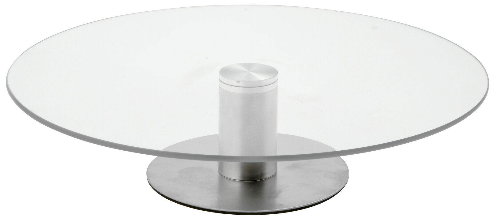 Moderne Tortenplatte aus Glas mit Metallfuß, seitliche Perspektive