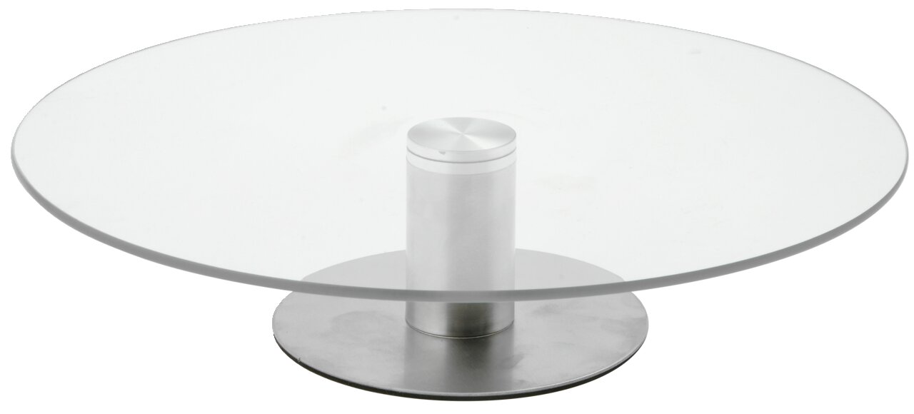 Moderne Tortenplatte aus Glas mit Metallfuß, seitliche Perspektive