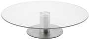 Moderne Tortenplatte aus Glas mit Metallfuß, seitliche Perspektive