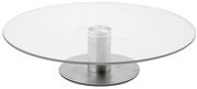 Moderne Tortenplatte aus Glas mit Metallfuß, seitliche Perspektive
