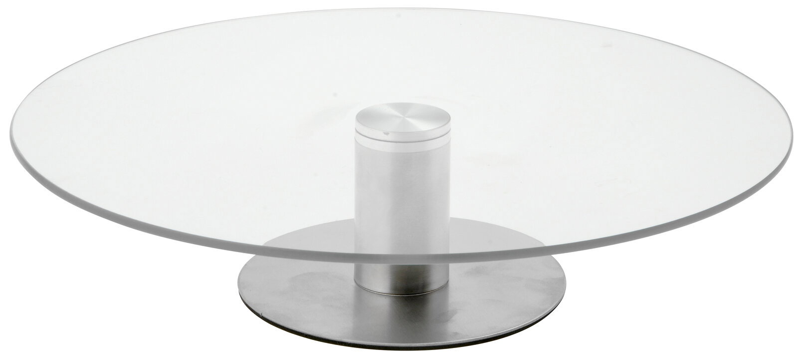 Moderne Tortenplatte aus Glas mit Metallfuß, seitliche Perspektive