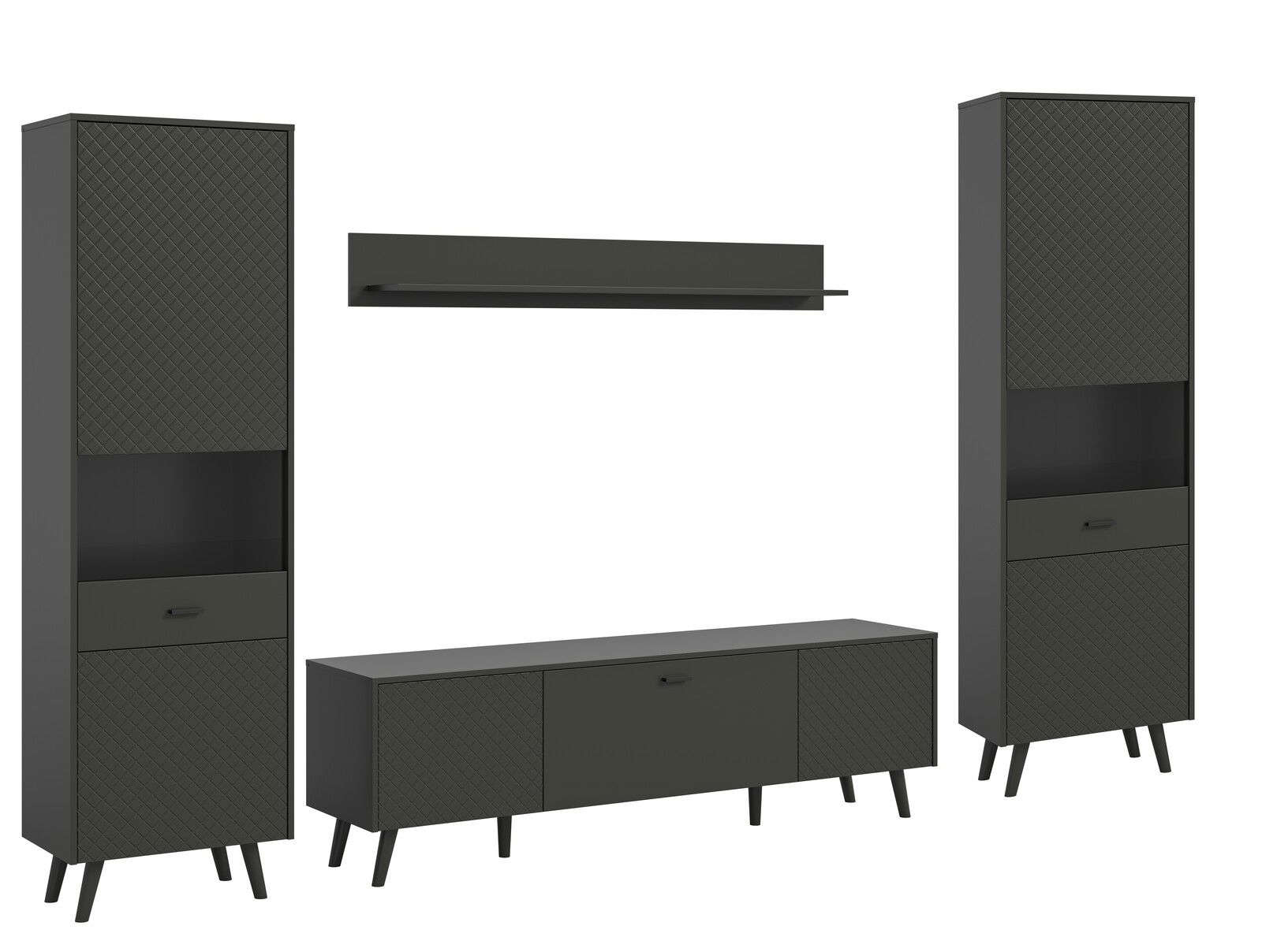 MID.YOU Wohnkombination LINEA Wohnkombination in dunklem Design mit zwei hohen Schränken, einem niedrigen TV-Schrank und einem Wandregal, frontal betrachtet.